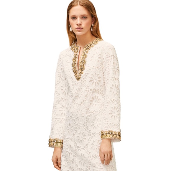 Tory Burch Runway Embellished Lace Caftan Dress 4 Broderie Anglaise 🤍 - Picture 2 of 15